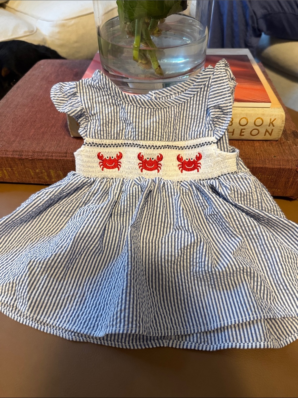 Smocked Crab Seersucker Kids Dress - Blue & White